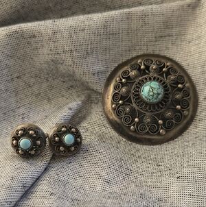 Israel Filigree Sterling Silver  Brooch and Earrings Turquoise? Vintage